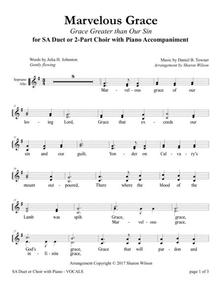 Free Sheet Music Marvelous Grace Sa Or 2 Part Choir With Piano Accompaniment