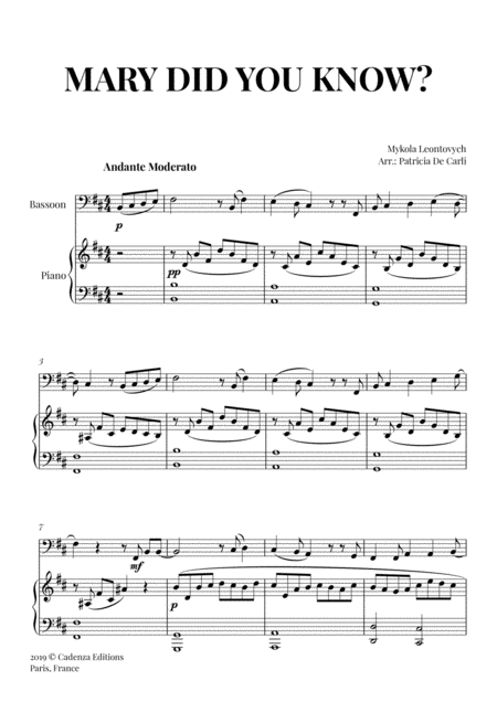 Free Sheet Music Mary Did You Know For Bassoon And Piano