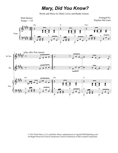 Free Sheet Music Mary Did You Know For Brass Trio