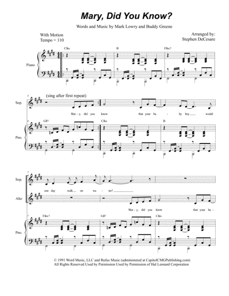 Free Sheet Music Mary Did You Know For Soprano And Alto Solo