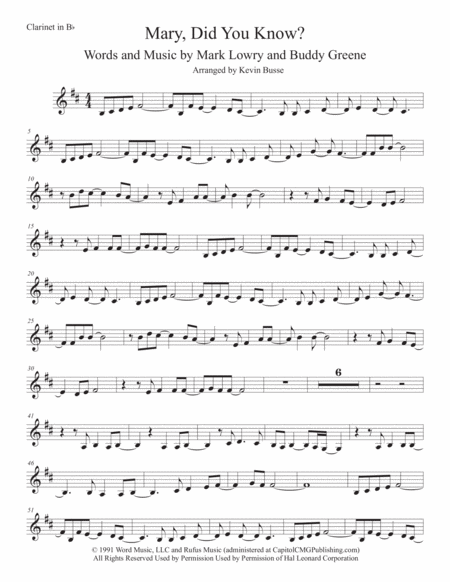 Free Sheet Music Mary Did You Know Original Key Clarinet