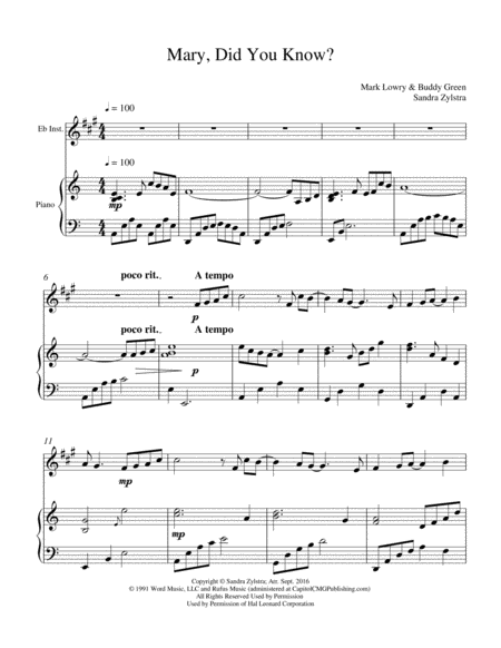 Free Sheet Music Mary Did You Know Treble Eb Instrument Solo