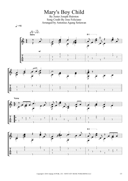 Free Sheet Music Marys Boy Child Solo Guitar Tablature