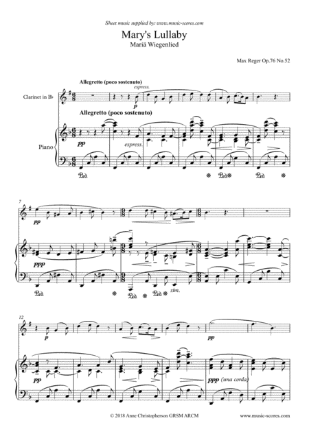 Free Sheet Music Marys Lullaby Or Maria Wiegenlied Clarinet And Piano