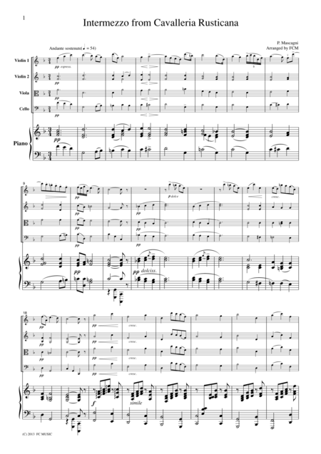 Mascagni Intermezzo From Cavalleria Rusticana For Piano Quintet Pm901 Sheet Music