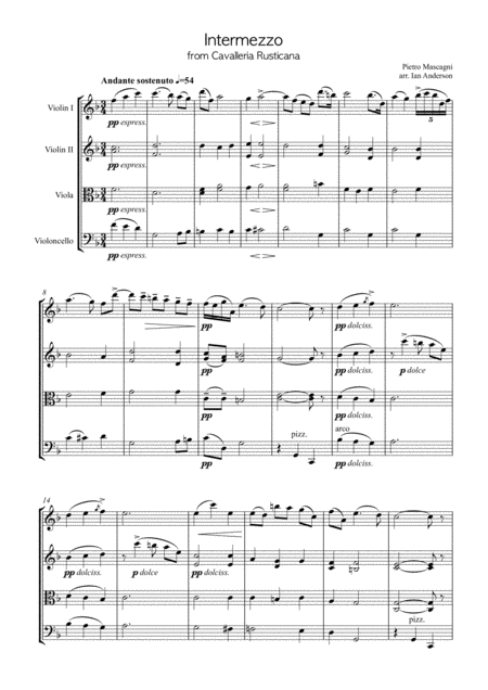 Mascagni Intermezzo From Cavalleria Rusticana String Quartet Sheet Music