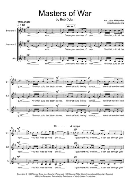 Masters Of War Ssa A Cappella Sheet Music