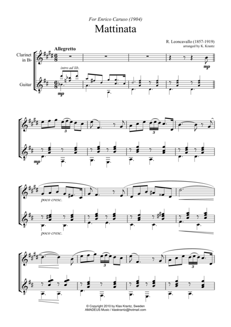 Mattinata For Clarinet In Bb And Guitar Sheet Music