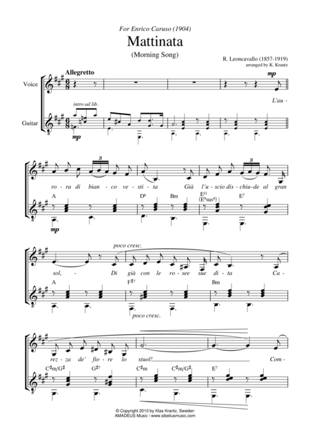 Mattinata For Voice And Guitar A Major Sheet Music