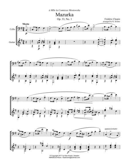 Mazurka Mesto Op 33 No 1 For Cello And Guitar Sheet Music