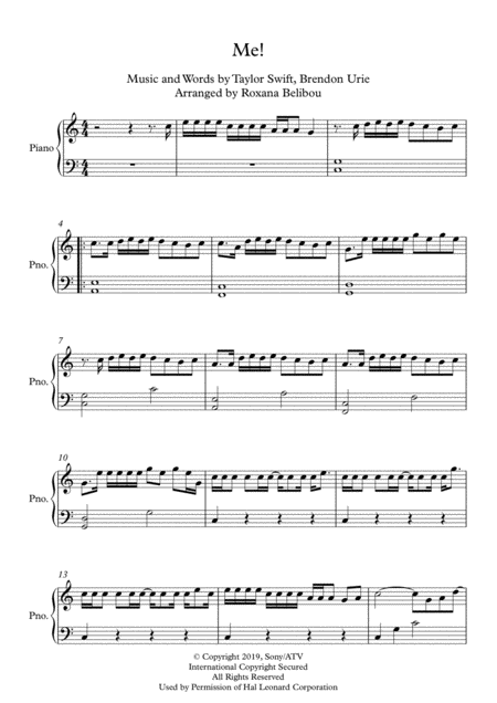 Me Taylor Swift Feat Brendon Urie Easy Piano Sheet Music