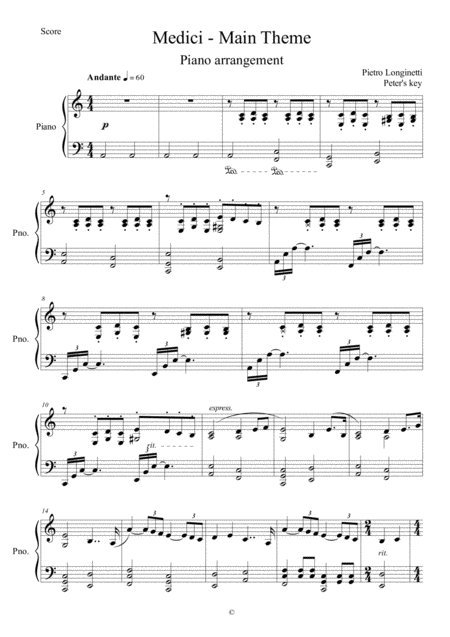 Free Sheet Music Medici Main Theme Piano Arrangement