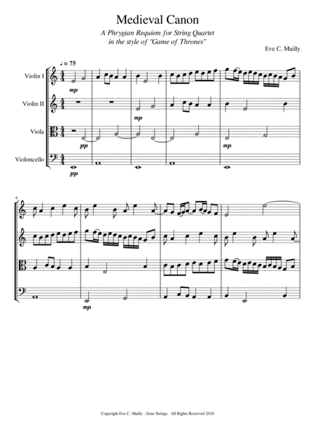 Medieval Canon Phrygian Requiem In The Style Of Game Of Thrones String Quartet Sheet Music