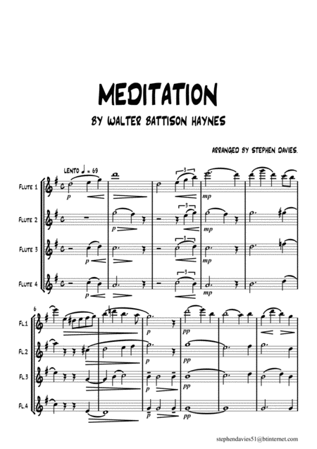 Meditation By Walter Battison Haynes For Flute Quartet Sheet Music