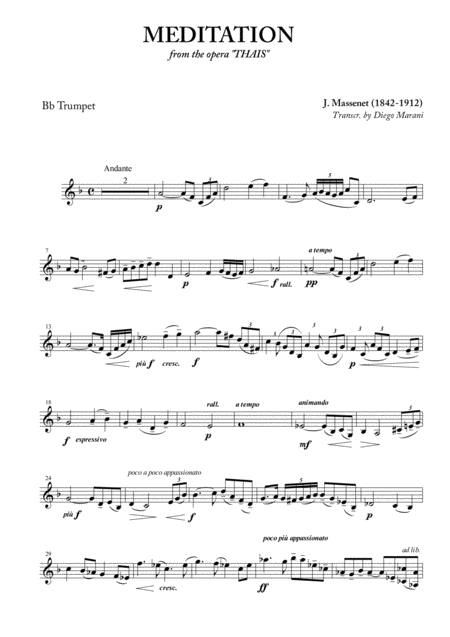 Free Sheet Music Meditation From Thais For Trumpet And Piano