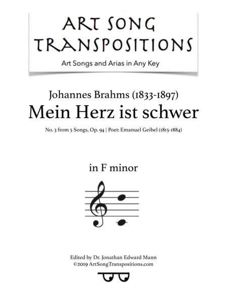 Mein Herz Ist Schwer Op 94 No 3 Transposed To F Minor Sheet Music