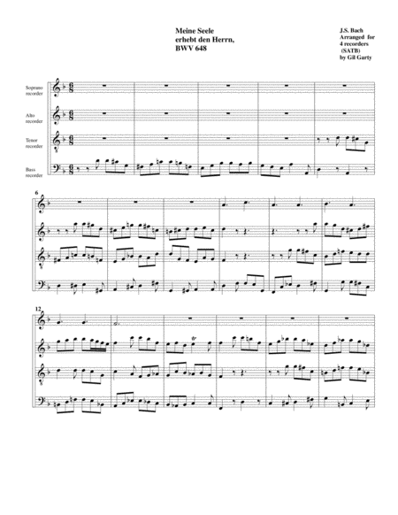 Meine Seele Erhebt Den Herrn Bwv 648 Arrangement For 4 Recorders Sheet Music