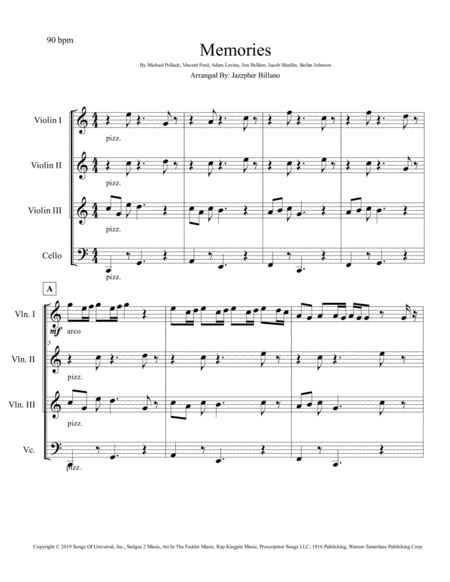 Memories By Maroon 5 For String Quartet 3 Violin And Cello Sheet Music