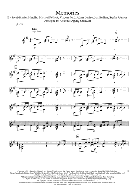 Free Sheet Music Memories Solo Guitar Score