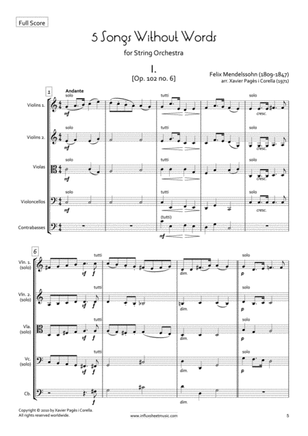 Mendelssohn 5 Songs Without Words Arr For String Orchestra Full Score Sheet Music