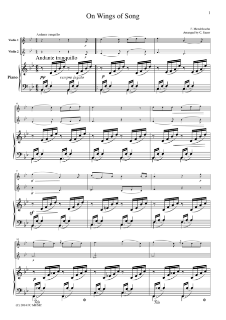 Free Sheet Music Mendelssohn On Wings Of Song For 2 Violins Piano Vn212