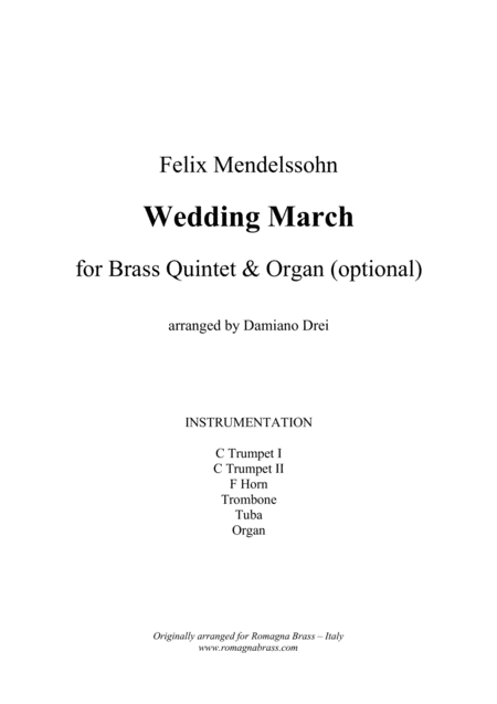 Mendelssohn Wedding March For Brass Quintet Optional Organ Sheet Music