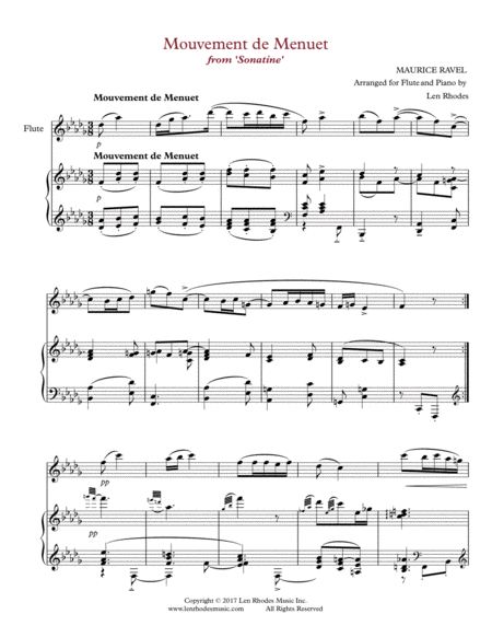 Menuet From Sonatine 1905 By Maurice Ravel Transcribed For Flute And Piano Sheet Music