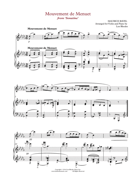 Menuet From Sonatine Maurice Ravel Transcribed For Violin And Piano Sheet Music