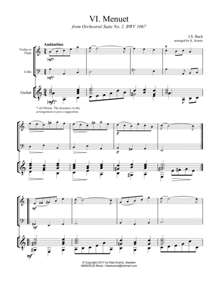 Free Sheet Music Menuet From Suite No 2 Bwv 1067 For Violin Cello And Guitar