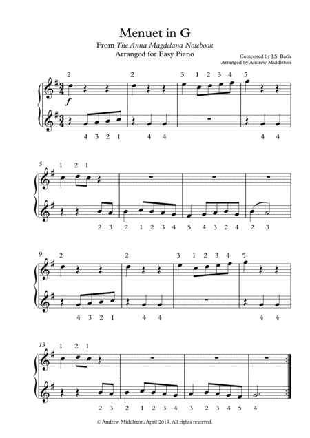 Free Sheet Music Menuet In G Arranged For Easy Piano