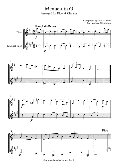 Free Sheet Music Menuett In G For Flute And Clarinet Duet