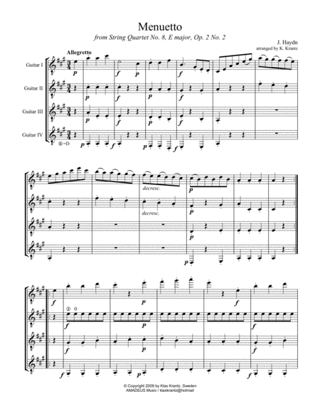 Menuetto From String Quartet No 8 For Guitar Quartet Sheet Music