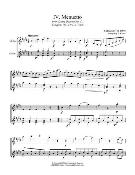 Menuetto From String Quartet Op 2 No 2 For Violin And Guitar Sheet Music