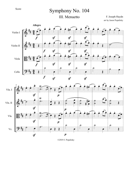 Menuetto From Symphony No 104 London Arranged For String Quartet Sheet Music