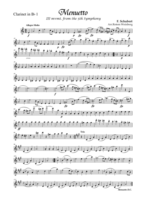 Menuetto From Symphony No 5 Clarinet Quintet Sheet Music