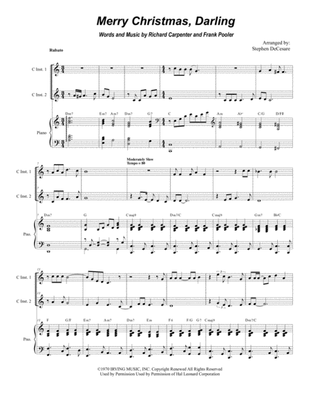 Free Sheet Music Merry Christmas Darling Duet For C Instruments