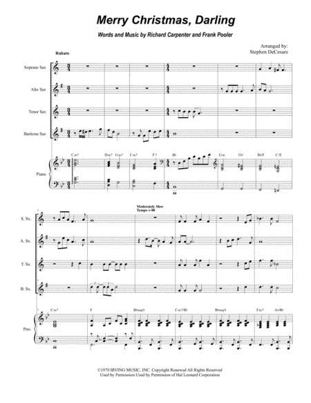 Merry Christmas Darling For Saxophone Quartet And Piano Sheet Music