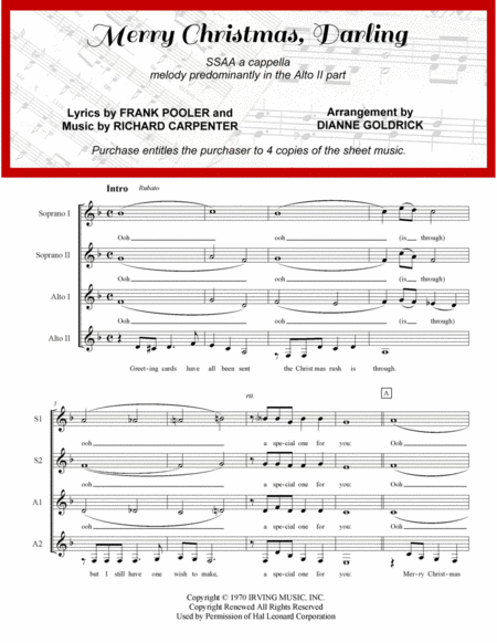 Free Sheet Music Merry Christmas Darling Ssaa A Cappella