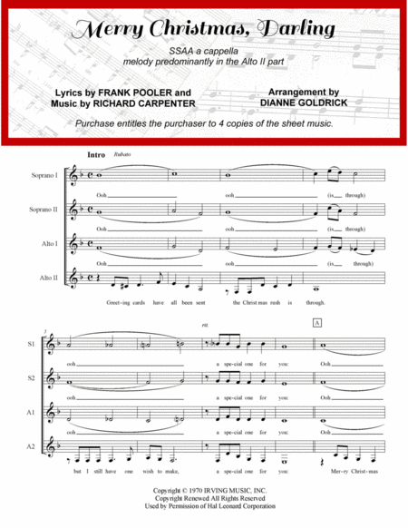 Merry Christmas Darling Ssaa A Cappella Sheet Music