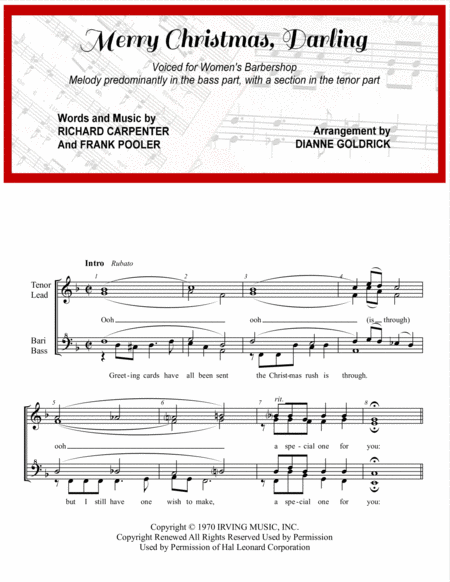 Free Sheet Music Merry Christmas Darling Womens Barbershop Choral Pricing