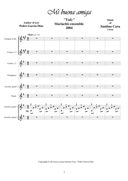 Free Sheet Music Mi Buena Amiga Valz Mariachi