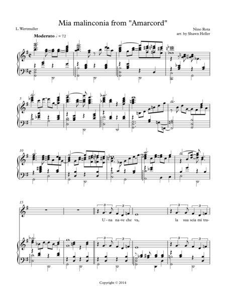 Mia Malinconia From The Film Amarcord For Voice Piano Sheet Music