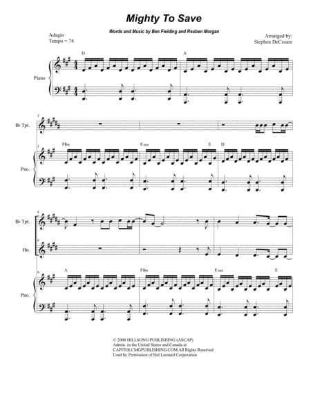 Free Sheet Music Mighty To Save Duet For Bb Trumpet And French Horn