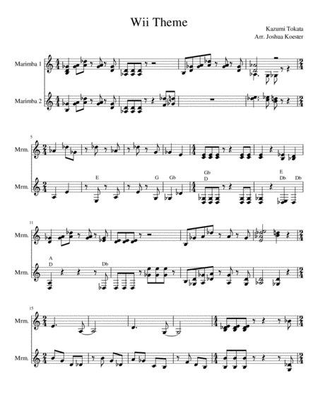 Mii Theme Marimba Duet Sheet Music