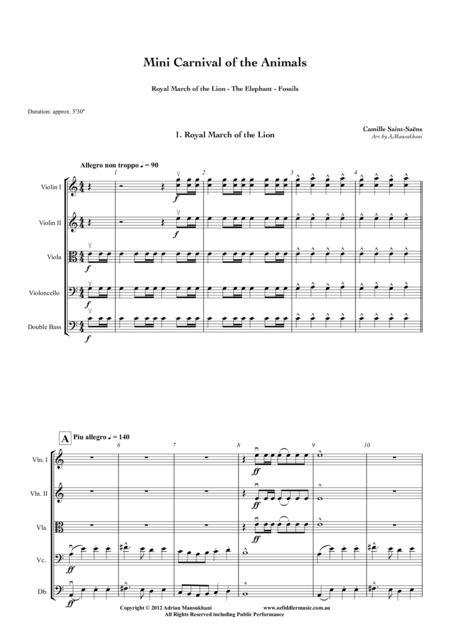 Mini Carnival Of The Animals Royal March Of The Lion The Elephant Fossils By Camille Saint Saens Arranged For String Orchestra By Adrian Mansukhani Sheet Music