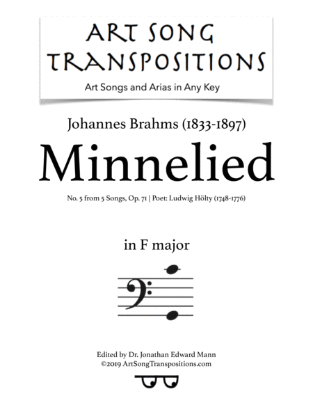 Minnelied Op 71 No 5 Transposed To F Major Bass Clef Sheet Music