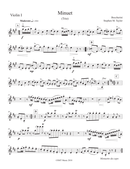 Minuet By Boccherini For String Quartet Sheet Music