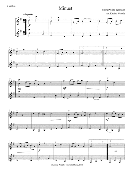 Free Sheet Music Minuet For 2 Violins By Telemann