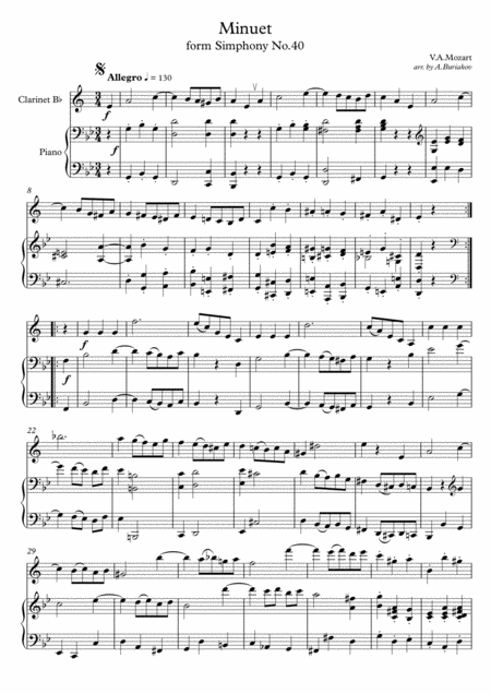 Minuet From Siphony No 40 Clarinet In Bb Sheet Music