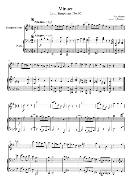 Free Sheet Music Minuet From Siphony No 40 Saxophone Alto